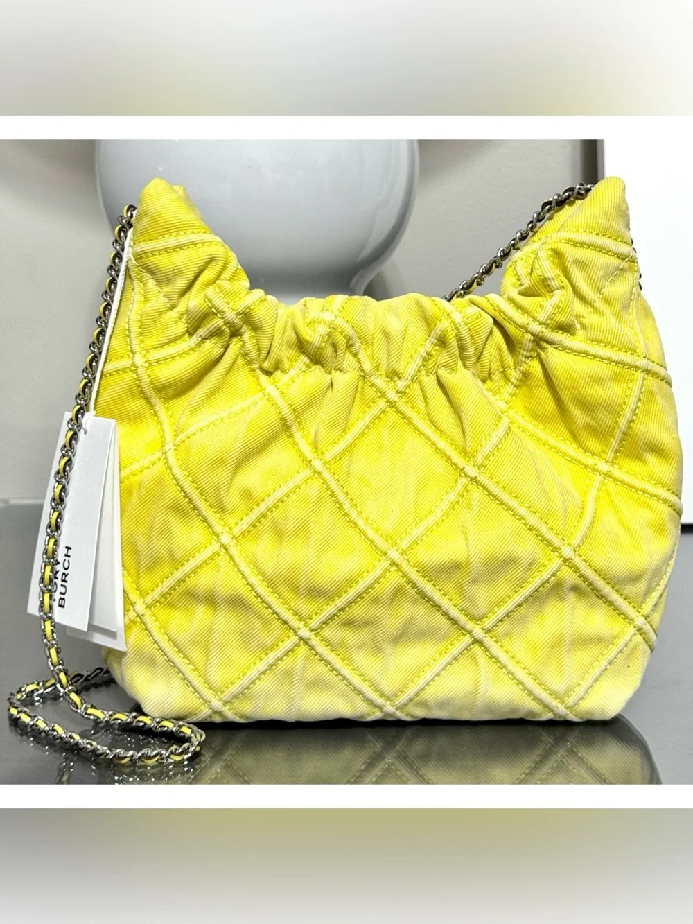 TORY BURCH MINI FLEMING SOFT QUILTED DENIM HOBO BAG, YELLOW